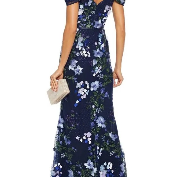 Marchesa Notte Cold-Shoulder Lattice Embroidered Gown w/ 3D Flowers - Picture 3 of 9